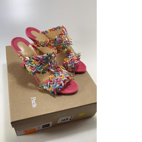 Meroine Pink Rainbow Woven 85mm raffia fringe heels mules D974 - Picture 2 of 11